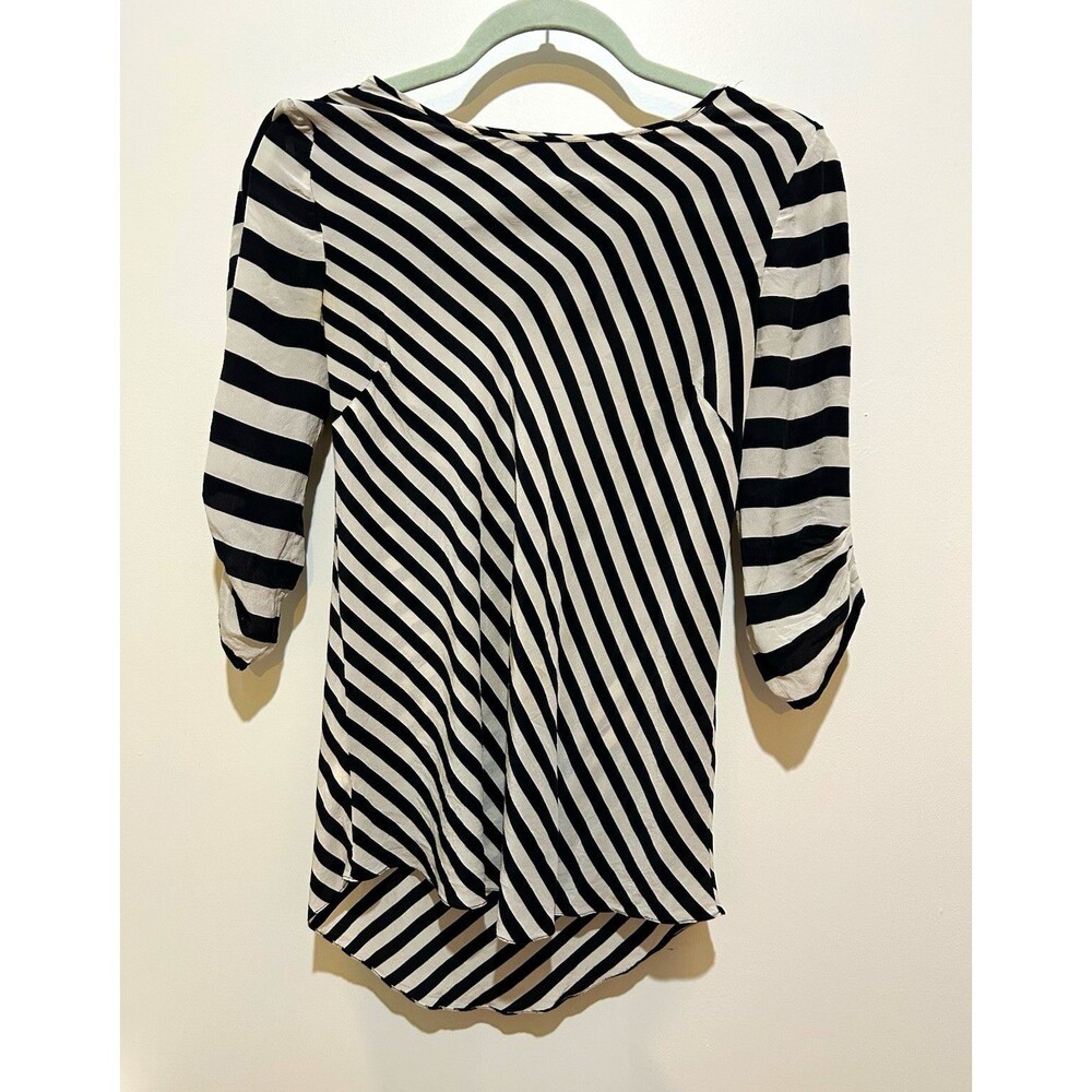 BCBGMAXAZRIA Black/White Striped Silk Draped Back Boat Neck Blouse S